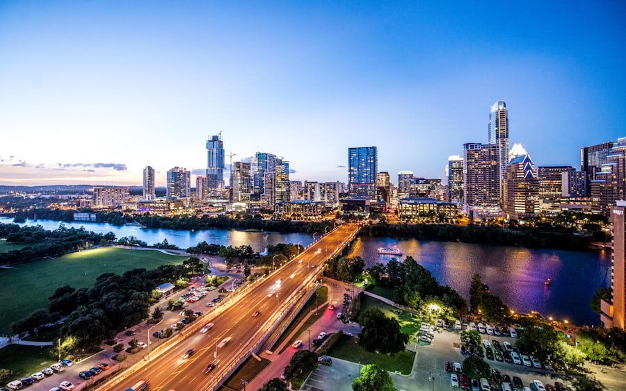 Downtown Austin skyline reflected in Lady Bird Lake at twilight