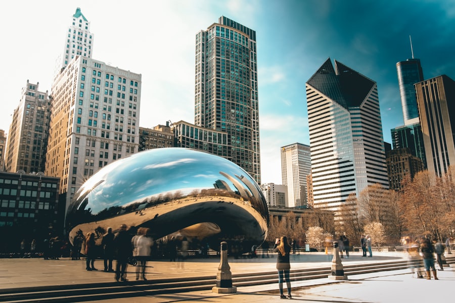 Chicago Millennium Park with the Bean sculpture and skyline behind