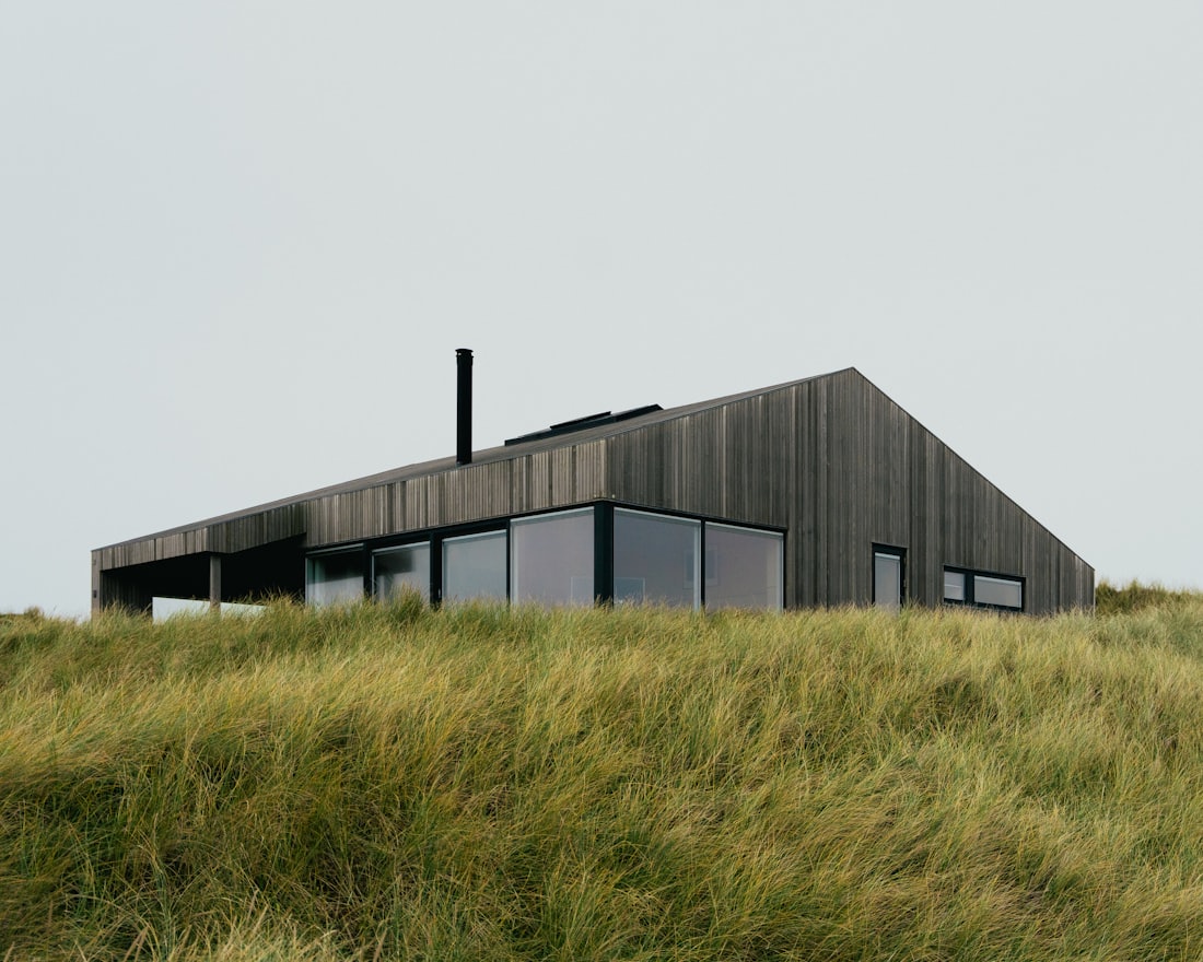 Hudson Valley modern retreat clad in dark timber set in tall meadow grass