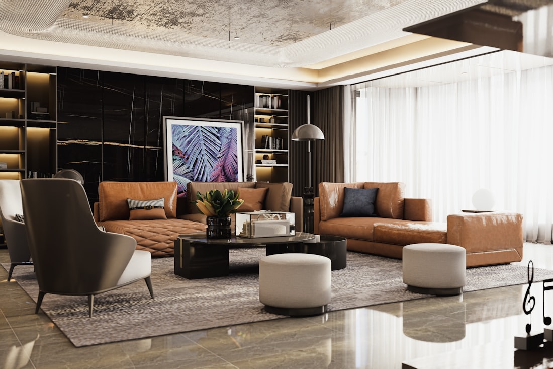 Gold Coast penthouse living room with marble walls and designer seating