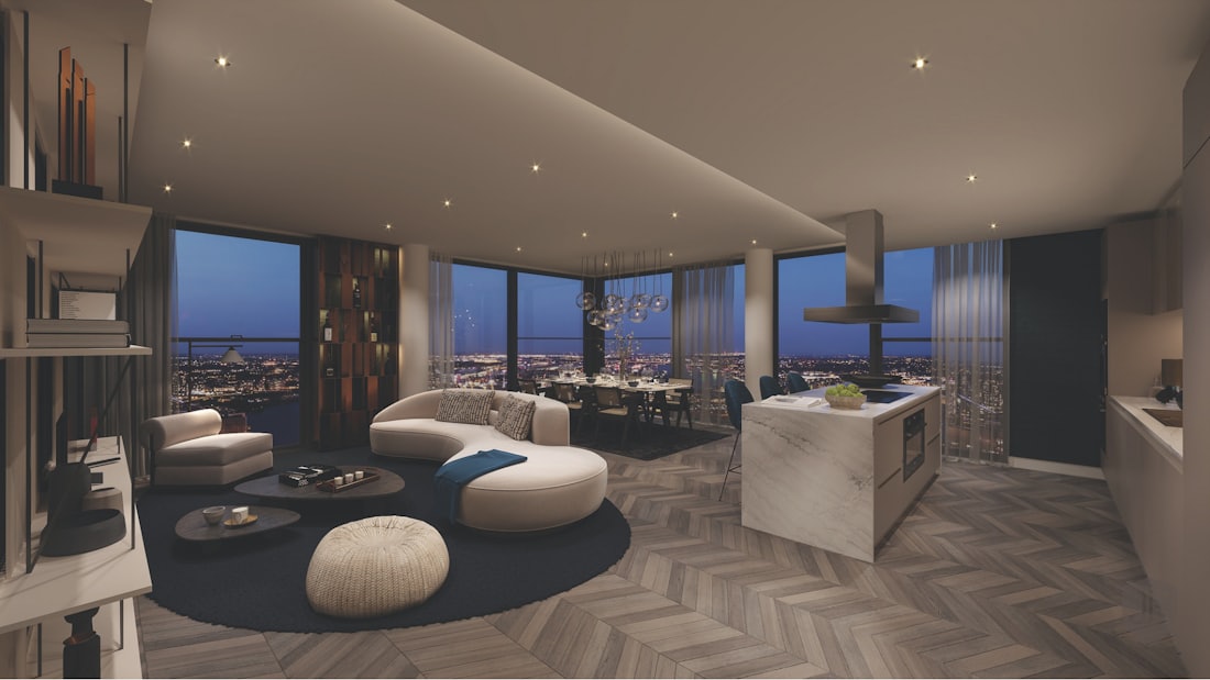 Manhattan luxury residence living room with floor-to-ceiling windows and city views