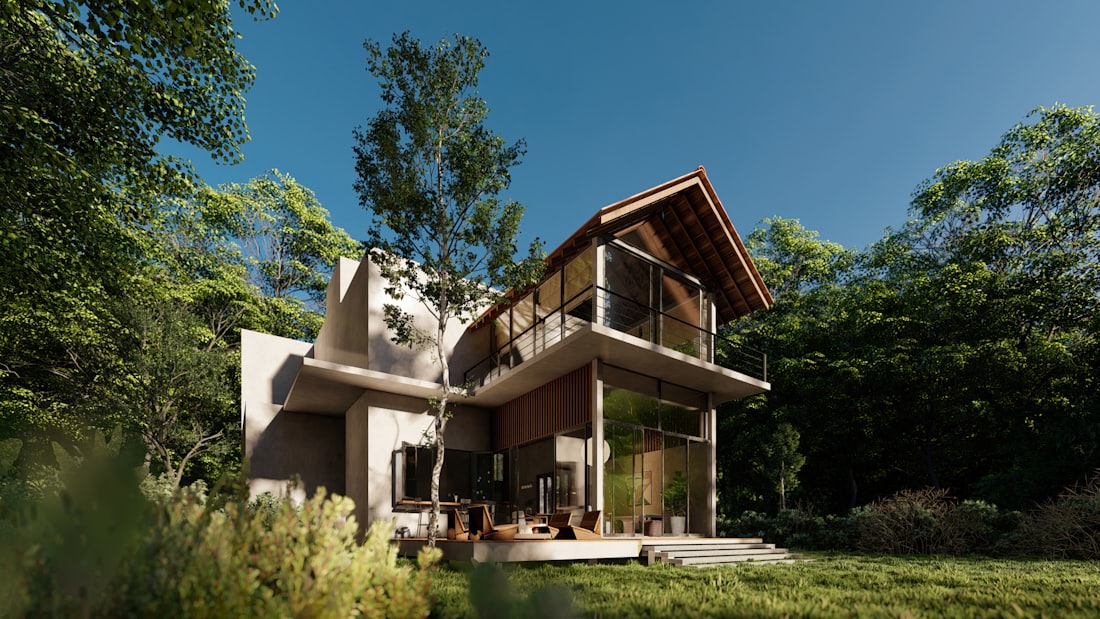 Seattle waterfront residence with timber and glass facade among evergreen trees